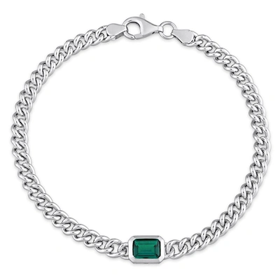 Mimi & Max 7/8 Ct Tgw Octagon Created Emerald Curb Link Chain Bracelet In Sterling Silver
