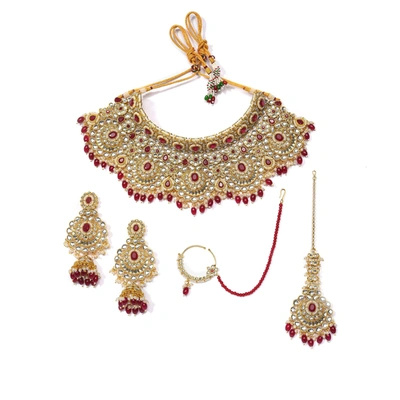 Sohi Multi Color Kundan Gold Plated Necklace Set In Red