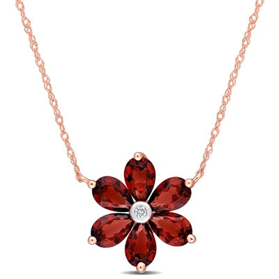 Mimi & Max 3 Ct Tgw Garnet And Diamond Accent Floral Pendant With Chain In 10k Rose Gold In Red