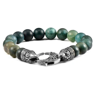 Crucible Jewelry Crucible Los Angeles 10mm Matte Moss Agate Bead Bracelet With Stainless Steel Antiqued Lobster Clasp In Black