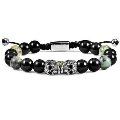 Crucible Jewelry Crucible Los Angeles Double Skull Adjustable Bracelet With Genuine African Turquoise And Black Onyx 