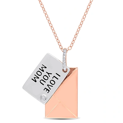 Mimi & Max Diamond Accent Letter Envelope "i Love You" Pendant With Chain In Rose Plated Sterling Silver In White