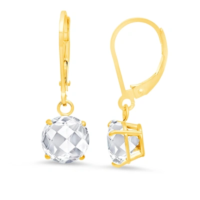 Max + Stone 10k Yellow Gold Round Checkerboard Cut Gemstone Leverback Earrings (8mm) In White