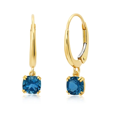 Nicole Miller 10k White Or Yellow Gold Cushion Cut 5mm Gemstone Dangle Lever Back Earrings With Push Backs In Blue