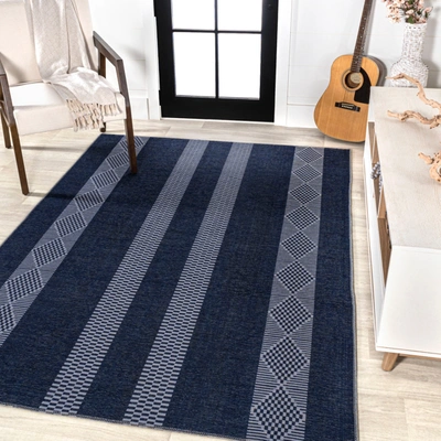Jonathan Y Nautisk Trellis Stripe Machine-washable Navy/ivory Area Rug In Blue