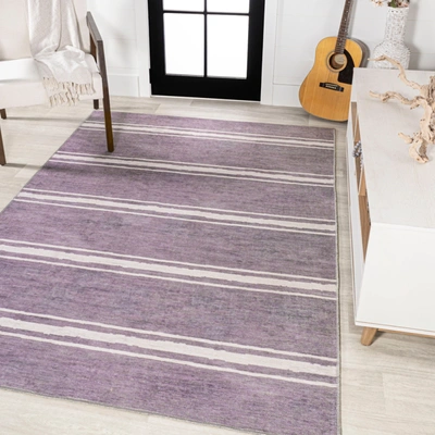 Jonathan Y Bande Distressed Ticking Stripe Machine-washable Lavender/ivory Area Rug In Purple