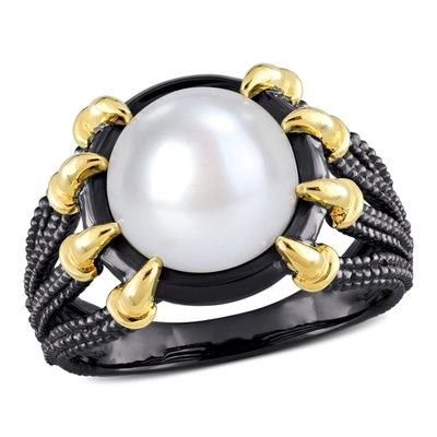 Mimi & Max 10.5-11mm Freshwater Cultured Pearl Multi-shank Ring In Black Rhodium Plated Yellow Silver