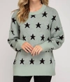 SHE + SKY STAR PRINT SLATE TUNIC SWEATER IN GREEN