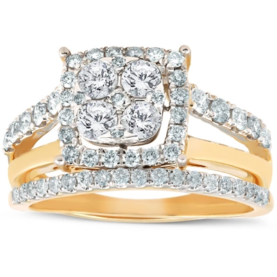 Pompeii3 1 1/10 Ct Diamond Cushion Halo Engagement Ring Wedding Set 10k Yellow Gold In Multi