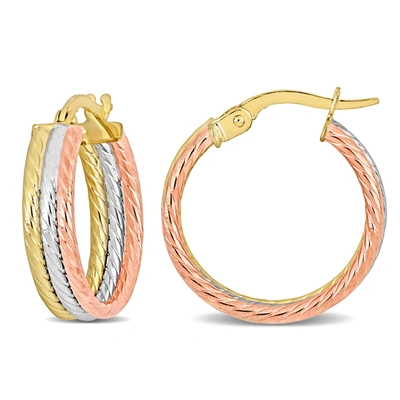 Mimi & Max 19 Mm Triple Row Twisted Hoop Earrings In 3-tone Yellow, Rose And White 10k Gold