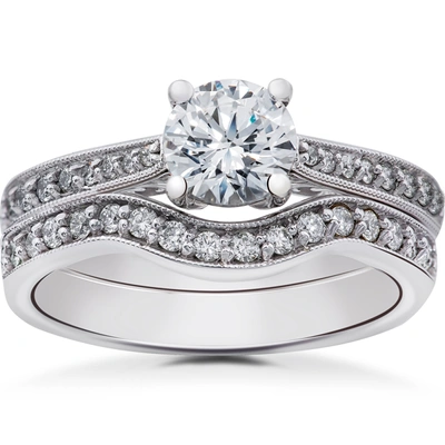 Pompeii3 1/3 Ct Diamond Angelica Vintage Engagement Ring Setting & Matching Wedding Band In Multi
