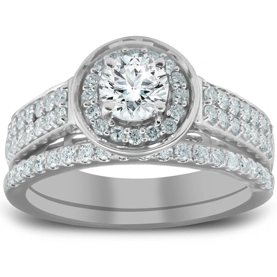 Pompeii3 1 1/4 Ct Diamond Halo Double Band Engagement Ring & Wedding Band Set White Gold In Multi
