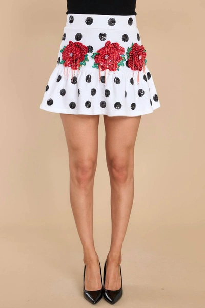 Queen Of Sparkles Polka Dot Skirt With Red Flowers In White