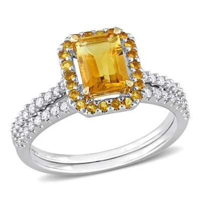 Mimi & Max 1 1/3 Ct Tgw Octagon Citrine And 1/4 Ct Tw Diamond Halo Bridal Ring Set In 14k White And Yellow Gold In Orange