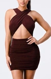 PRIVY CROSSOVER MINI DRESS IN CHOCOLATE BROWN