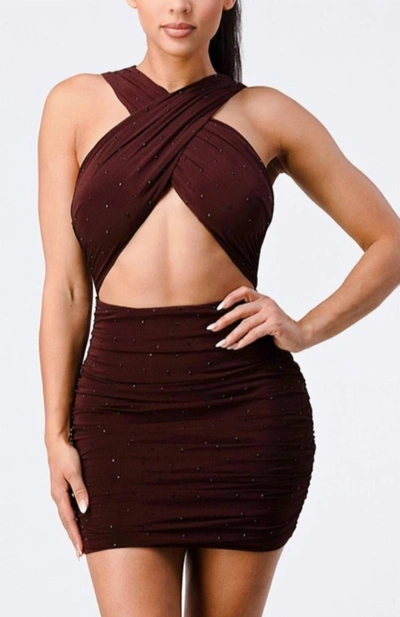Privy Crossover Mini Dress In Chocolate Brown In Purple