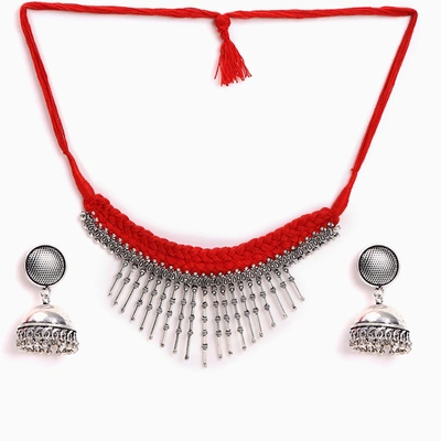 Sohi Ethnic Oxidised Thread Necklace Set In Red