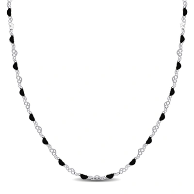 Mimi & Max Black Enamel Bead Heart Link Station Necklace In Sterling Silver - 18+1 In.