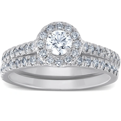 Pompeii3 1ct Halo Round Lab Grown Diamond Engagement Matching Wedding Ring Set White Gold In Multi