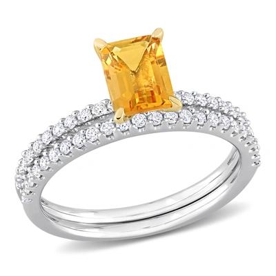 Mimi & Max 1 1/8 Ct Tgw Octagon Citrine And 3/8 Ct Tw Diamond Bridal Ring Set In 14k 2-tone White And Yellow Go In Silver