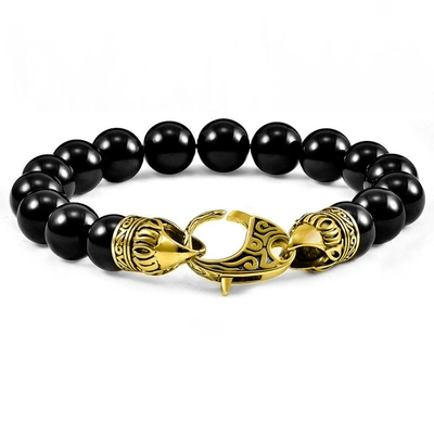 Crucible Jewelry Crucible Los Angeles 10mm Polished Black Onyx Bead Bracelet With Gold Ip Stainless Steel Antiqued Lo