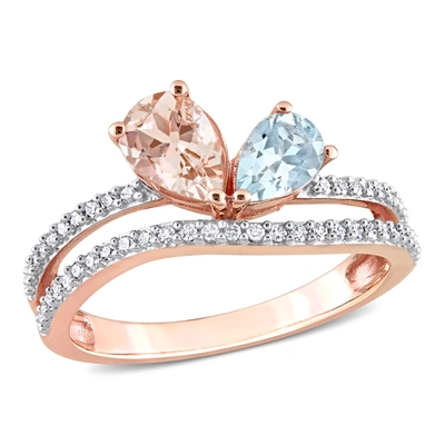 Mimi & Max 1 1/7 Ct Tgw Pear Shape Morganite And Aquamarine And 1/4 Ct Tw Diamond 2-stone Open Ring In 10k Rose In Blue