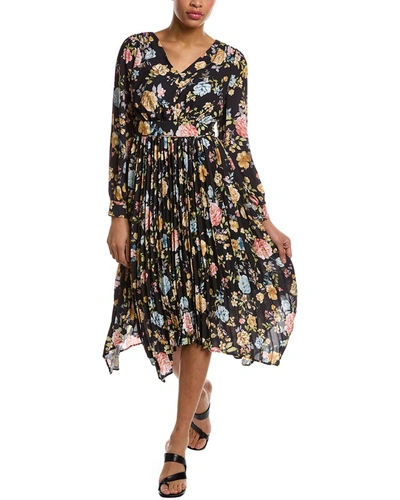 T Tahari Long Sleeve V Neck Midi Dress In Black