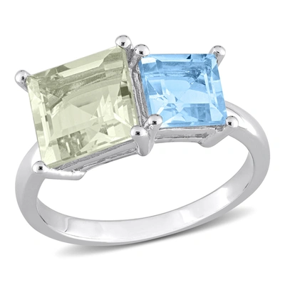 Mimi & Max 3 3/4 Ct Tgw Square Green Quartz And Sky Blue Topaz Ring In Sterling Silver