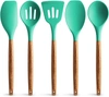 Zulaybkitchen Non-stick Silicone Cooking Utensils Set With Authentic Acacia Wood Handles 5 Piece In Green