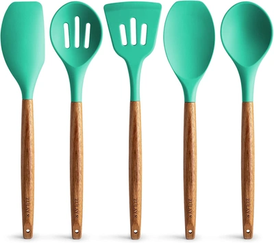 Zulaybkitchen Non-stick Silicone Cooking Utensils Set With Authentic Acacia Wood Handles 5 Piece In Green