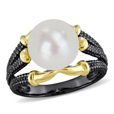 Mimi & Max 10.5-11mm White Cultured Freshwater Pearl On Two-tone Split Shank Ring In Yellow And Black Rhodium P In Silver