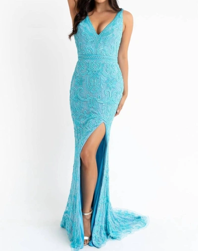 Primavera Beaded Sleeveless Gown In Powder Blue