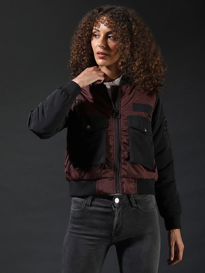 Campus Sutra Women Checks Stylish Casual Bomber Jacket In Black