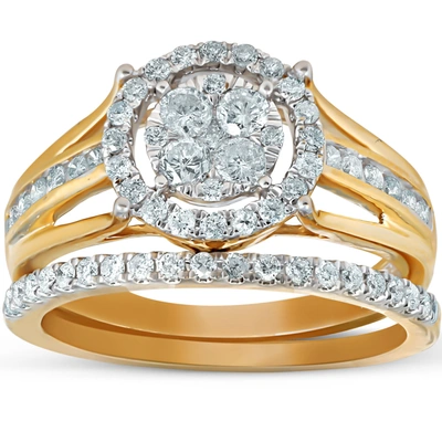 Pompeii3 1 Ct Halo Diamond Engagement Wedding Ring Set Multi Row Wedding Band Yellow Gold