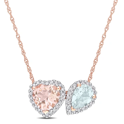 Mimi & Max 1 3/4 Ct Tgw Heart Shape Morganite Pear Shape Aquamarine And 1/5 Ct Tw Diamond Pendant With Chain In In Blue