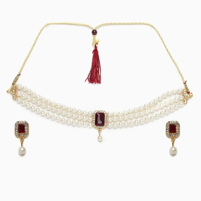 Sohi Gold-plated White Maroon Faux-ruby Beaded Jewellery Set