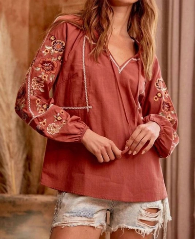 Savanna Jane Billow Sleeve Embroidered Top In Rust In Red