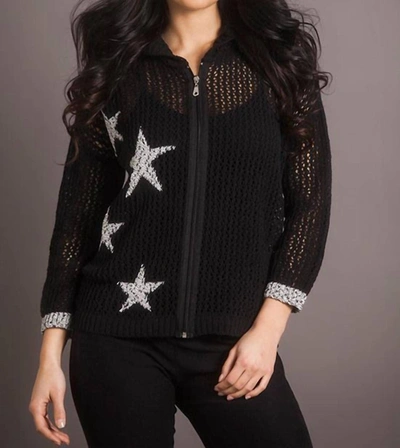 French Kyss Crochet Star Crew Zip Up Hoodie In Black Frost