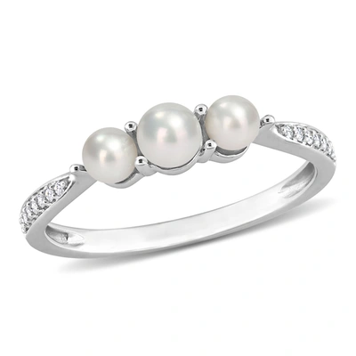 Mimi & Max Cultured Freshwater Pearl And Diamond Accent 3-stone Ring In 14k White Gold In Silver