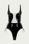 FIREBODY LACE-UP PATENT LEATHER THONG BODYSUIT IN BLACK
