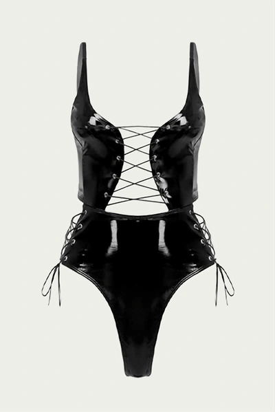 Firebody Lace-up Patent Leather Thong Bodysuit In Black