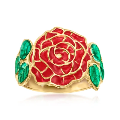 Ross-simons Italian Red And Green Enamel Rose Ring In 14kt Yellow Gold