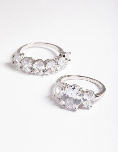 Lovisa Rhodium Cubic Zirconia Statement Oval Ring 2-pack In Silver