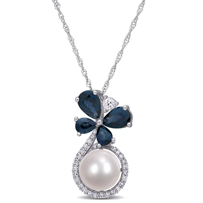 Mimi & Max 7.5-8 Mm Cultured Freshwater Pearl And Sapphire White Sapphire And 1/8 Ct Tw Diamond Butterfly Drop In Silver