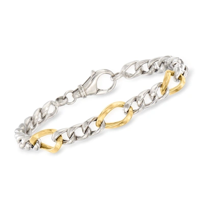 Ross-simons Italian Sterling Silver And 14kt Yellow Gold Curb-link Bracelet In White