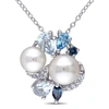 Mimi & Max London, Swiss And Sky Blue Topaz And Created White Sapphire And White Cultured Freshwater Pearl Clus In Silver