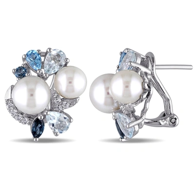 Mimi & Max 3 1/2 Ct Tgw Created White Sapphire, Multicolor Bluetopaz And White Cultured Freshwater Pearl Cluste In Silver