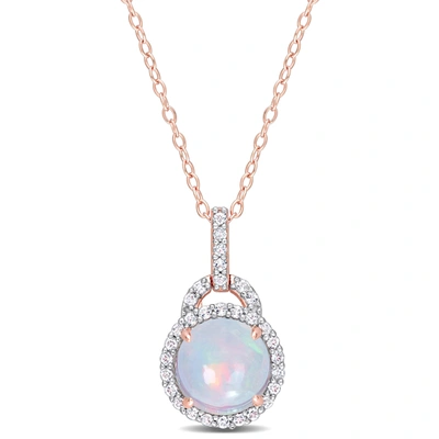 Mimi & Max 3 1/4 Ct Tgw Blue Ethiopian Opal And White Topaz Halo Pendant With Chain In Rose Plated Sterling Sil In Silver
