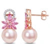 Mimi & Max 9-9.5 Mm Pink Cultured Freshwater Pearl And Pink Sapphire And 1/8 Ct Tw Diamond Flower Drop Earrings In Pink