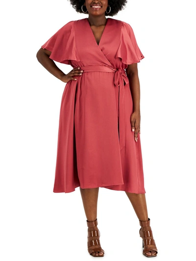 Taylor Plus Womens Satin Flutter Sleeves Wrap Dress In Pink